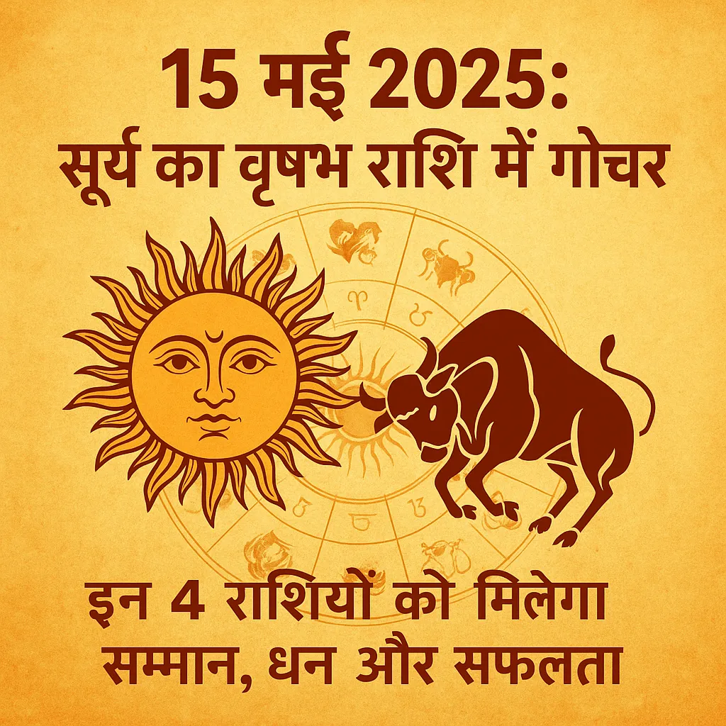 15 मई 2025 को सूर्य का वृषभ राशि में गोचर – इन 4 राशियों को मिलेगा सम्मान, धन और सफलता | ज्योतिषीय राशिफल ग्राफिक | SUN TRANSIT TAURUS 15 MAY 2025